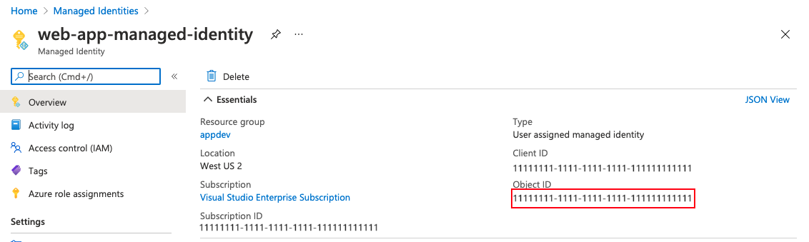 Screenshot showing how to get the object ID of user-assigned identity