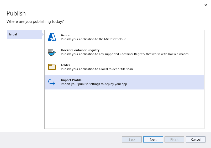 Screenshot showing the selection **Import Profile** on the **Publish** dialog box.