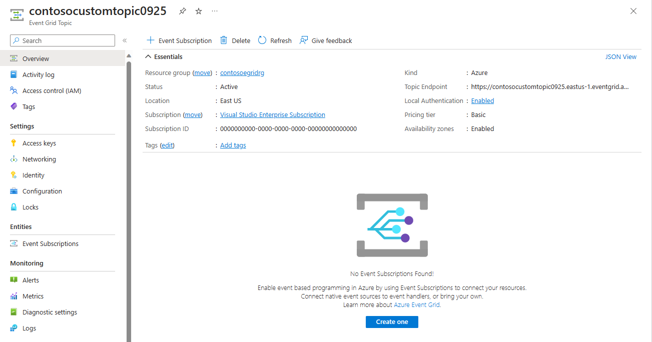 Screenshot showing the Event Grid topic home page.