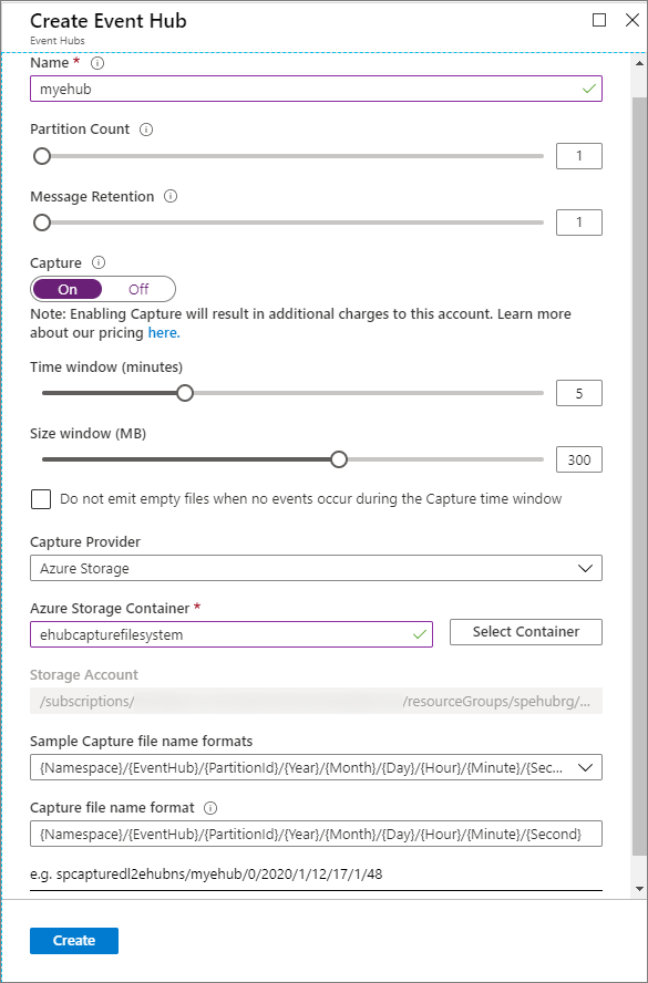 Screenshot that shows the Create event hub page with all the fields specified.