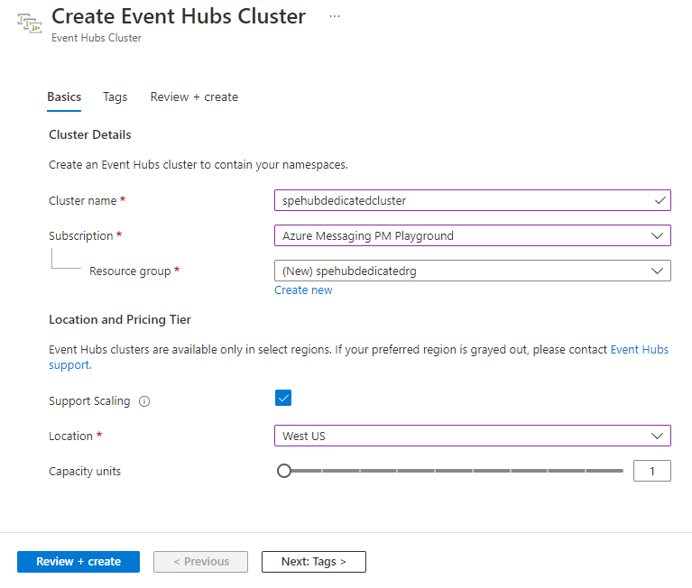 Image showing the Create Event Hubs Cluster - Basics page.