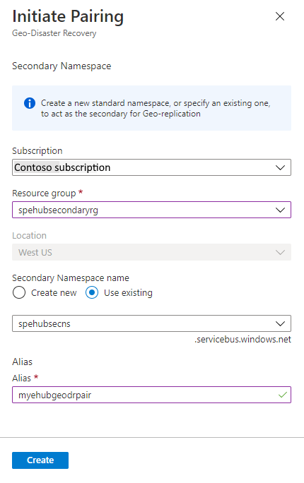 Screenshot that shows the selection of the secondary namespace for pairing.