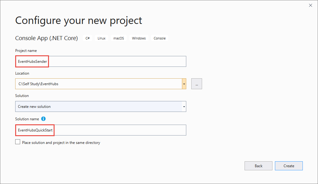 Image showing the page where you enter solution and project names