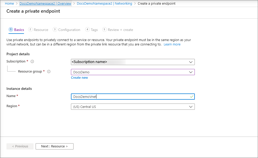 Screenshot showing the Basics page of the Create private endpoint wizard.