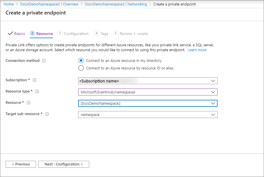 Screenshot showing the Resource page of the Create private endpoint wizard.