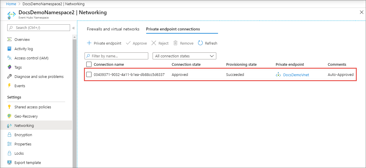 Screenshot that shows the Private endpoint connections page with the newly created private endpoint.