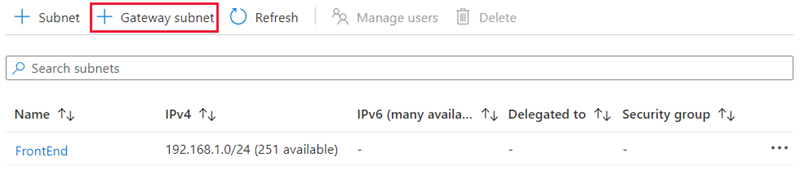 Screenshot that shows the button to add the gateway subnet.
