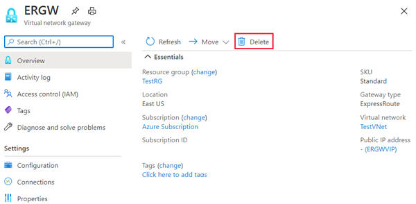 Screenshot that shows how to delete the virtual network gateway.