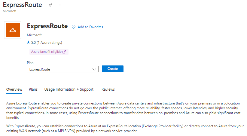 Screenshot of the create an ExpressRoute circuit resource.