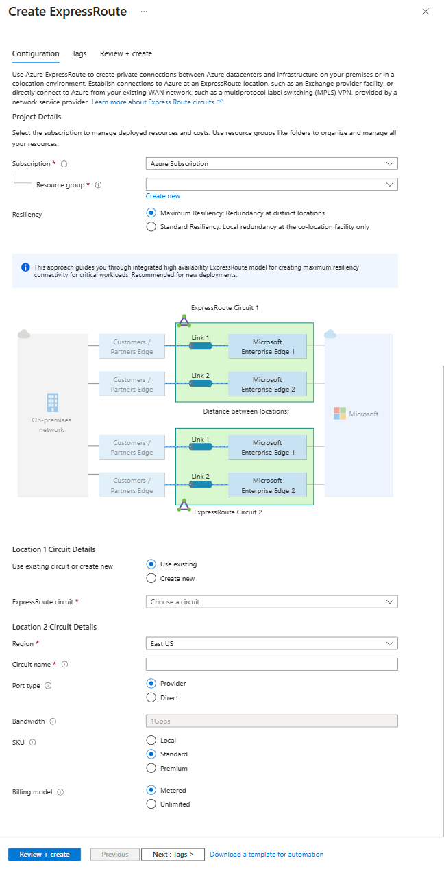 Screenshot of the new ExpressRoute circuit configuration page.