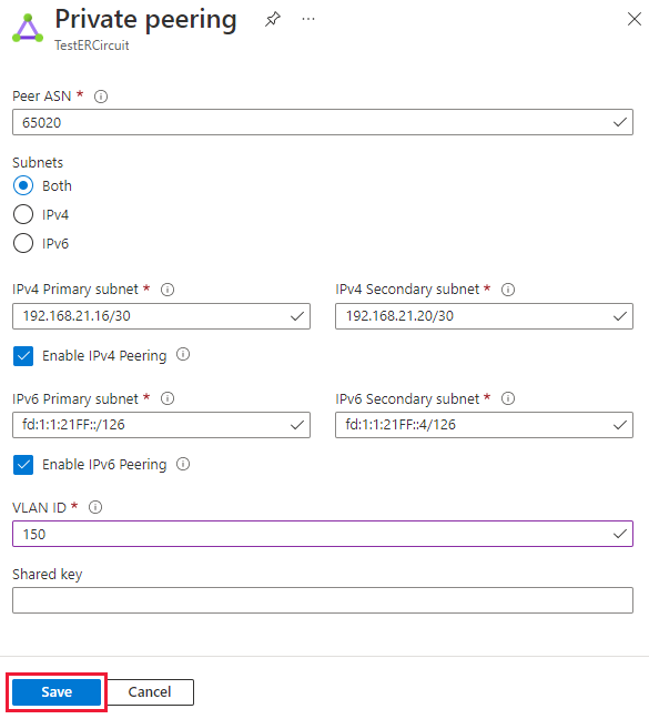 Screenshot showing how to update private peering configuration.