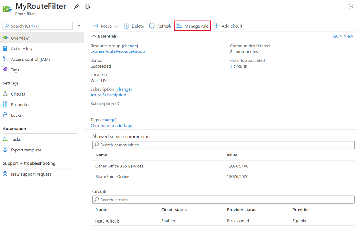 Screenshot that shows how to update Route filters with the Manage rule action.