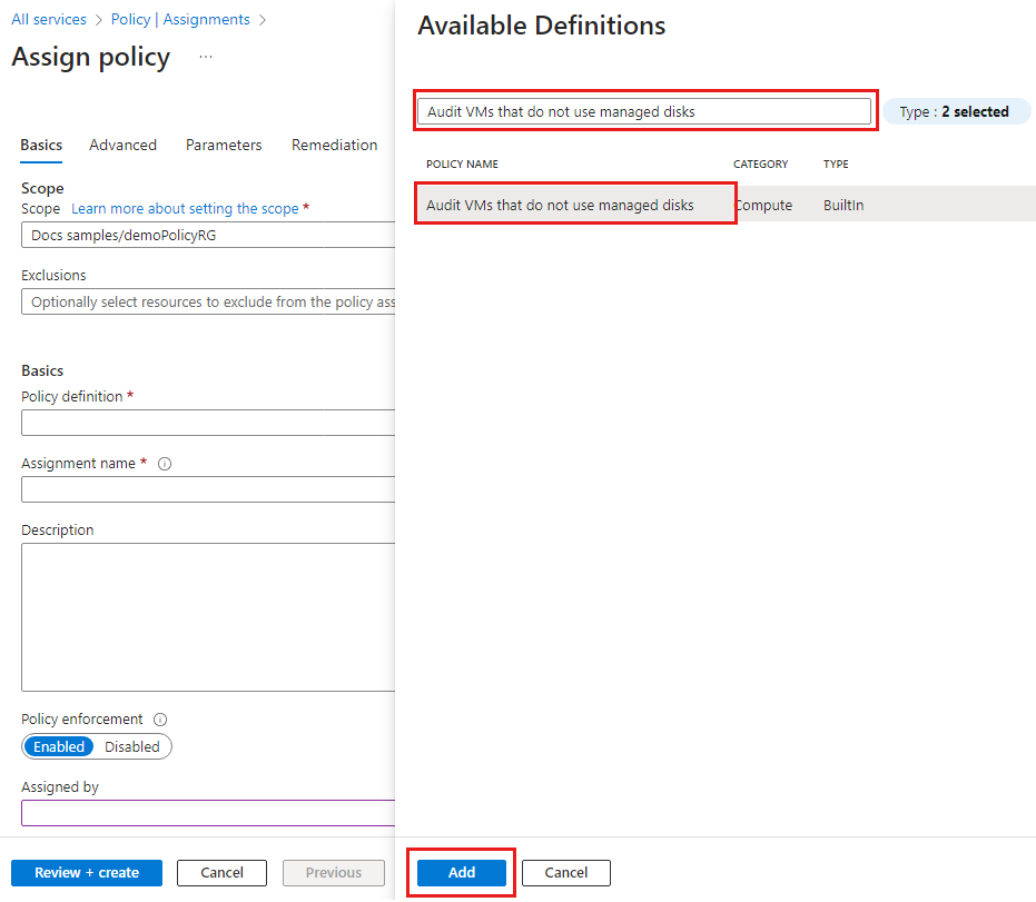 Screenshot of filtering the available definitions.