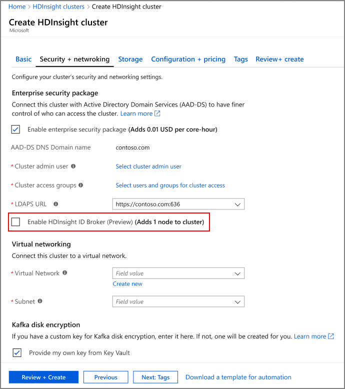 Diagram that shows option to enable HDInsight ID Broker.