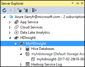 Storage account, HDInsight cluster, Server Explorer, Visual Studio.