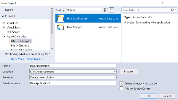 New Hive application, Configure your new project window, HDInsight Visual Studio.