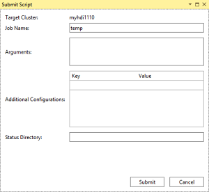 Submit Script dialog box, Hive ad-hoc query, HDInsight cluster, Visual Studio.