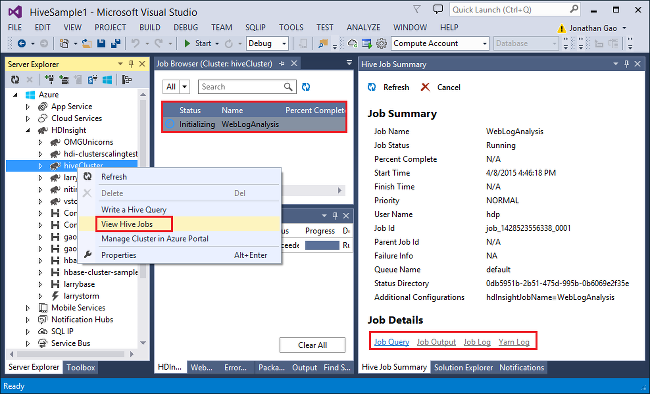 View Jobs, Apache Hive, HDInsight cluster, Visual Studio.