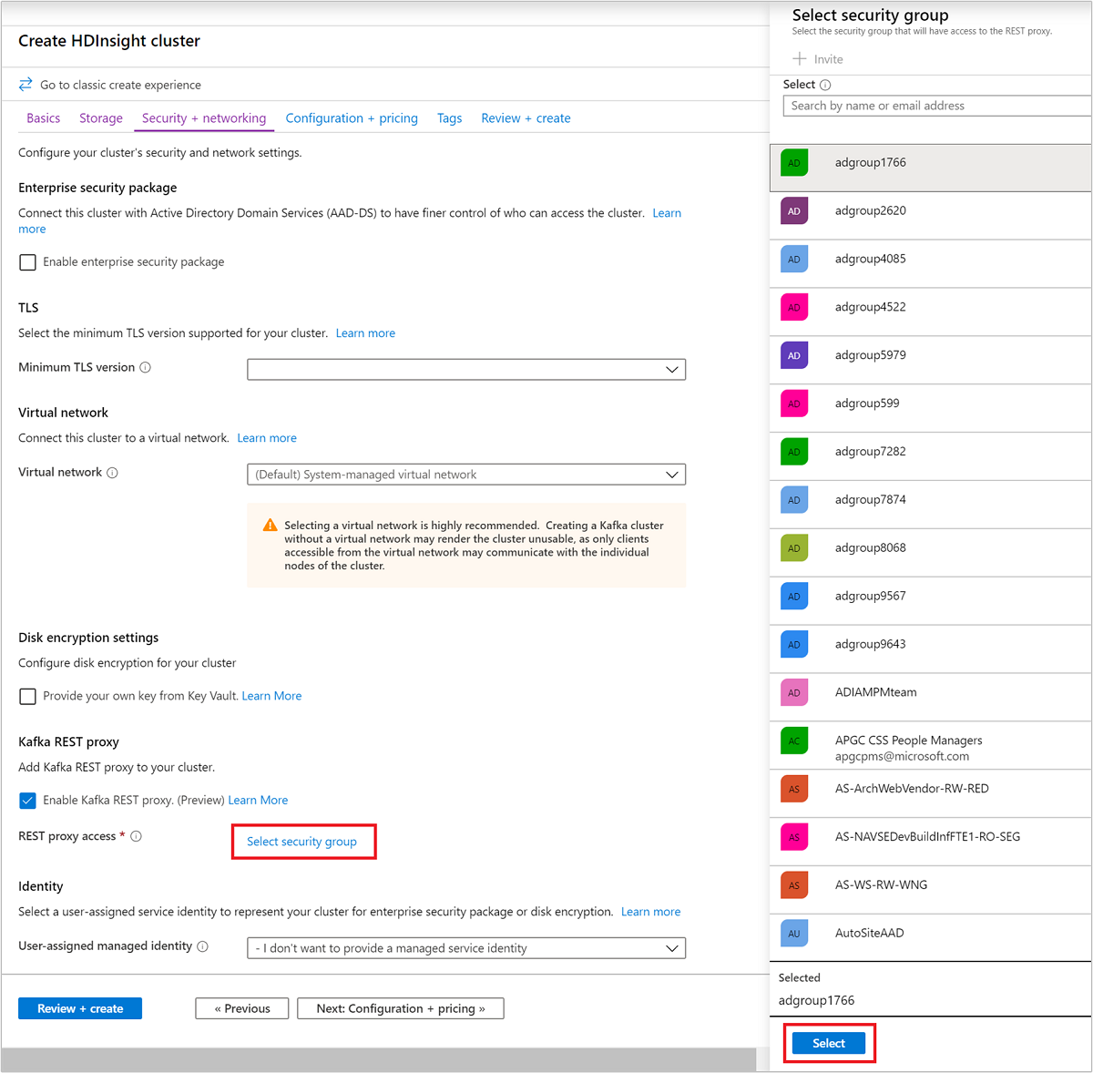 Screenshot shows the Create HDInsight cluster page with the option to select a security group.