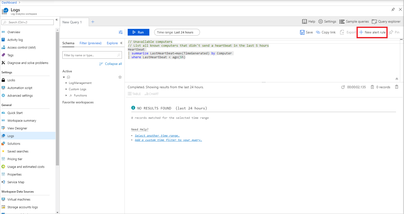 Log Analytics workspace new alert rule