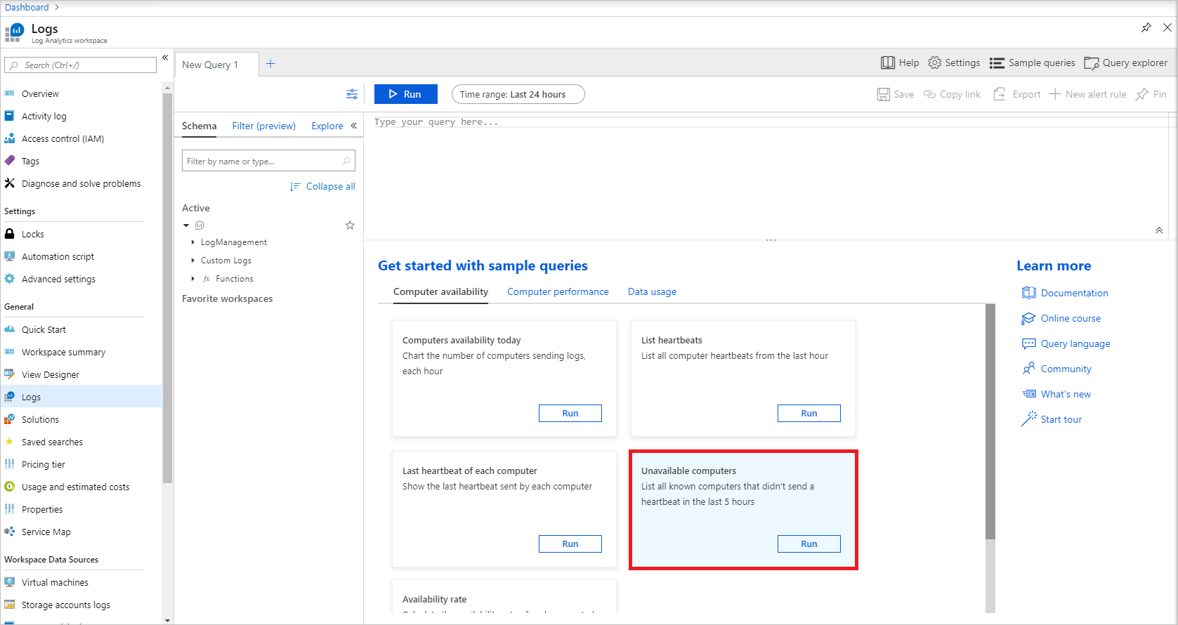 Log Analytics workspace logs 'unavailable computers' sample