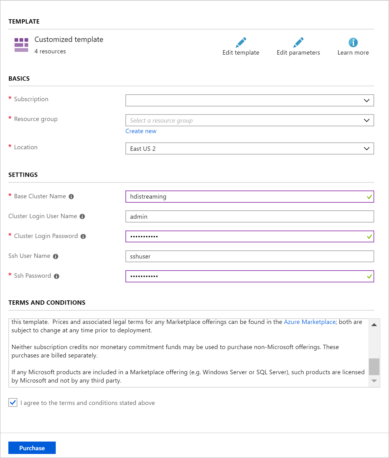 HDInsight custom deployment parameters.