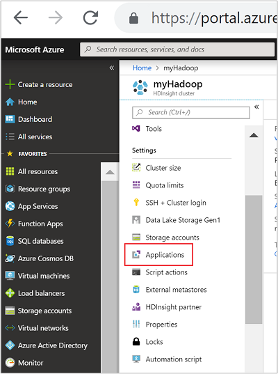 HDInsight applications portal menu.