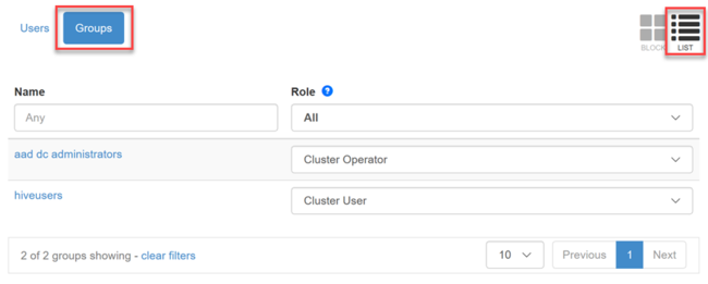 Apache Ambari roles list view - groups.