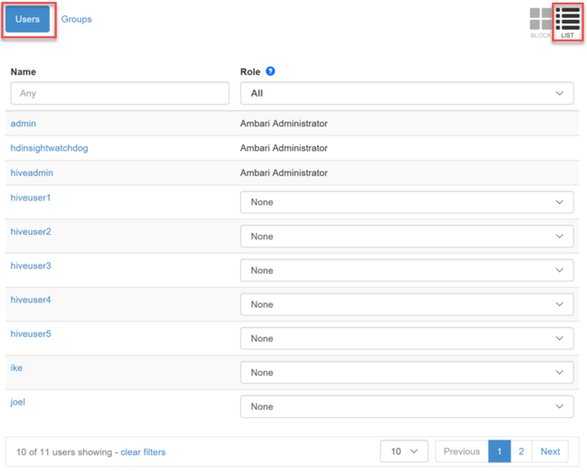 Apache Ambari roles list view - users.
