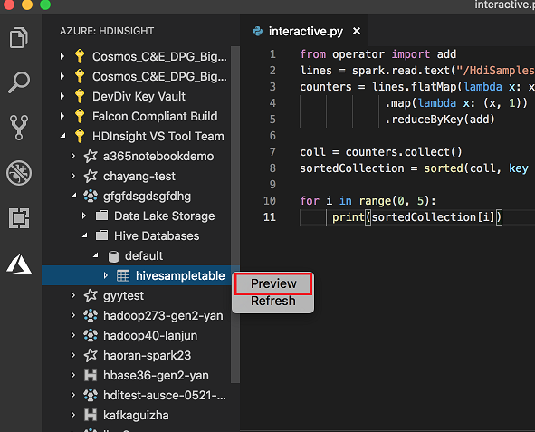 Spark & Hive for Visual Studio Code preview hive table.