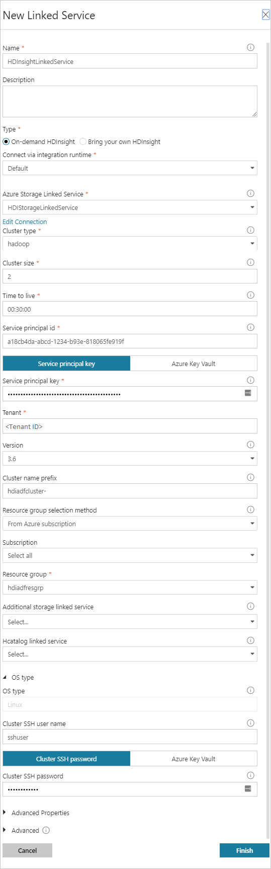 Provide values for HDInsight linked service.