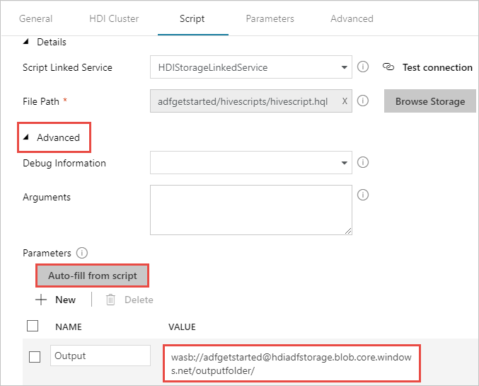 Provide parameters for the Hive script.