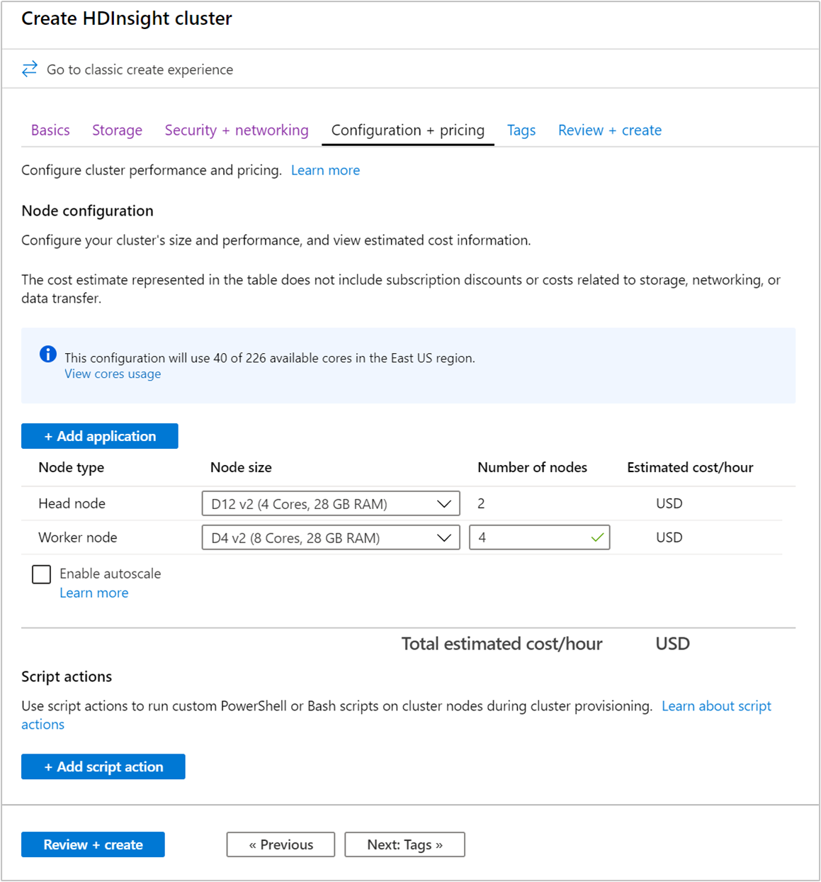 HDInsight create cluster configuration.