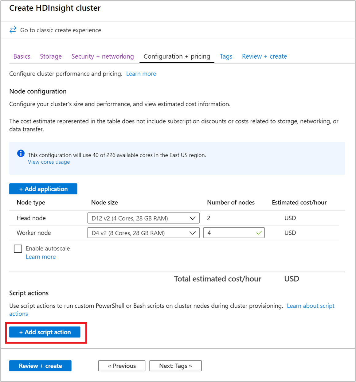 Azure portal cluster script action.