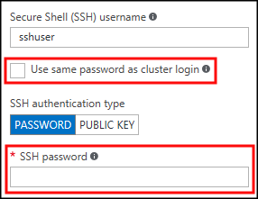 SSH password dialog in HDInsight cluster creation.