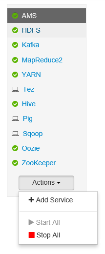 Apache Ambari service actions list.
