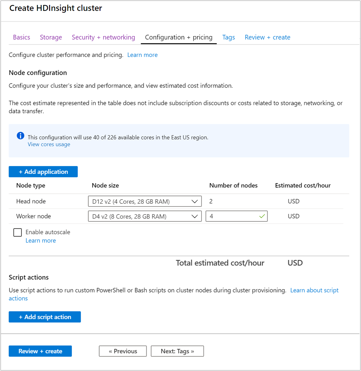 Azure portal cluster size nodes.