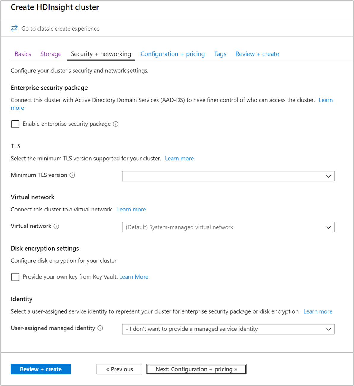 HDInsight create options choose enterprise security package.