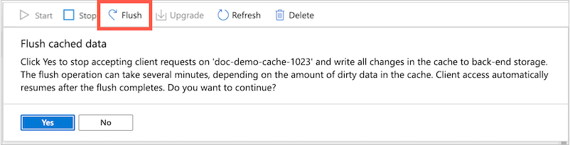 screenshot of the top buttons with Flush highlighted and a pop-up message describing the flush action and asking 'do you want to continue?' with Yes (default) and No buttons