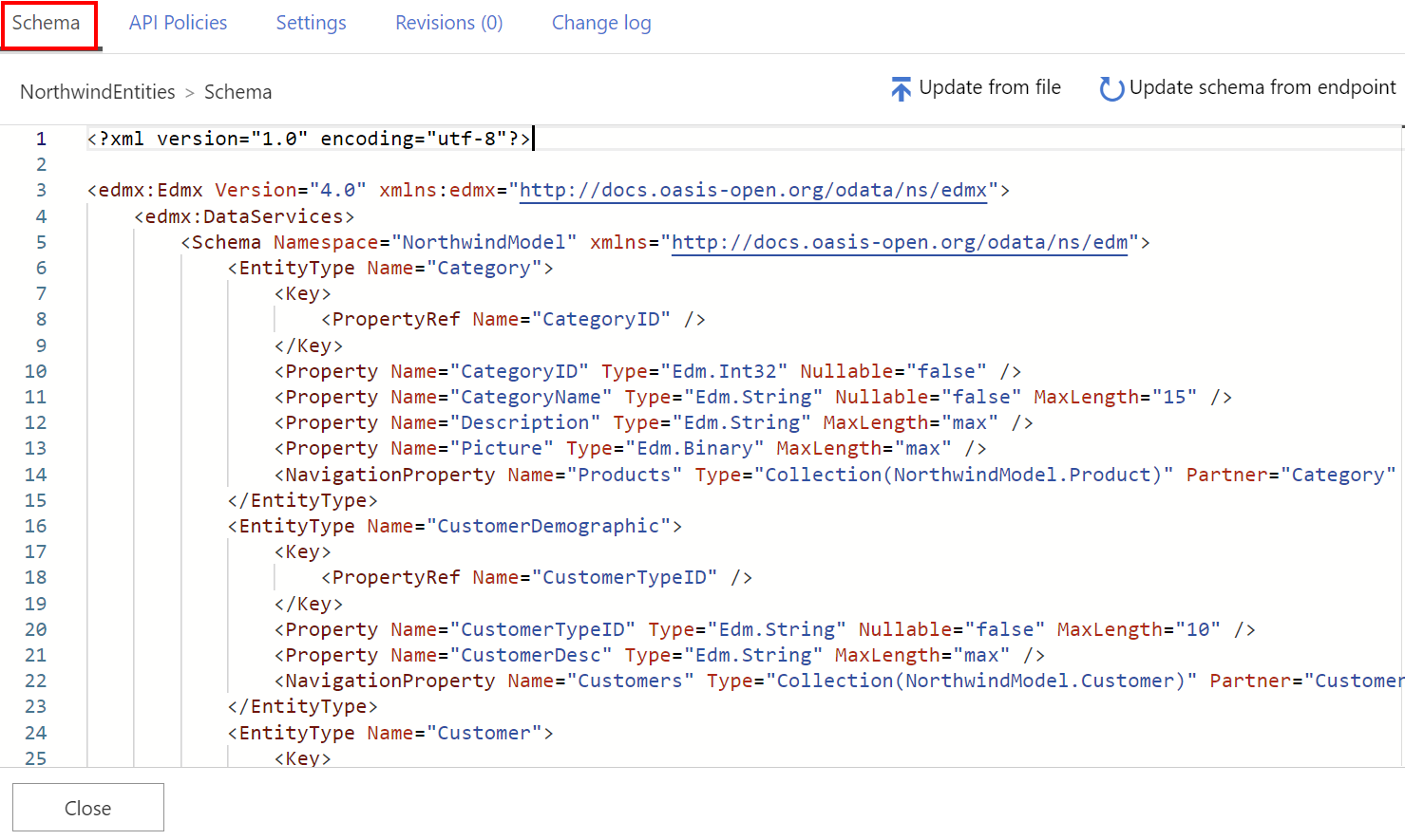 Screenshot of schema editor for OData API in the portal.