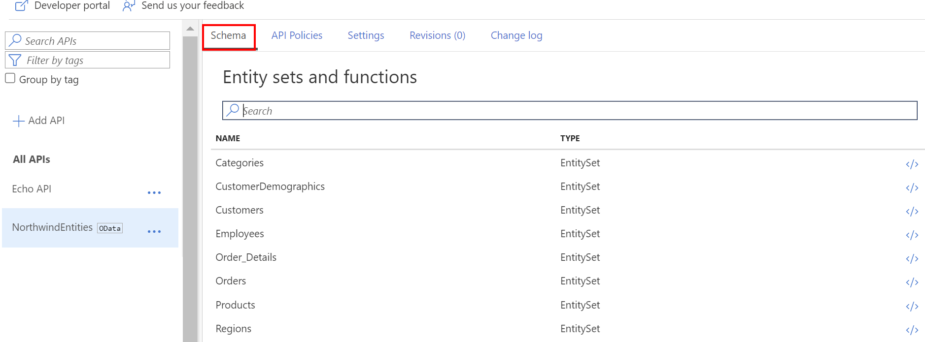 Screenshot of schema of OData API in the portal.