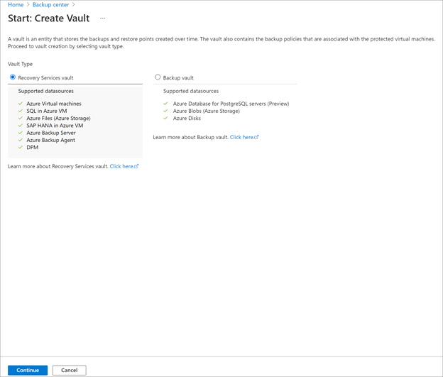 Screenshot that shows where to select Recovery Services as the vault type.
