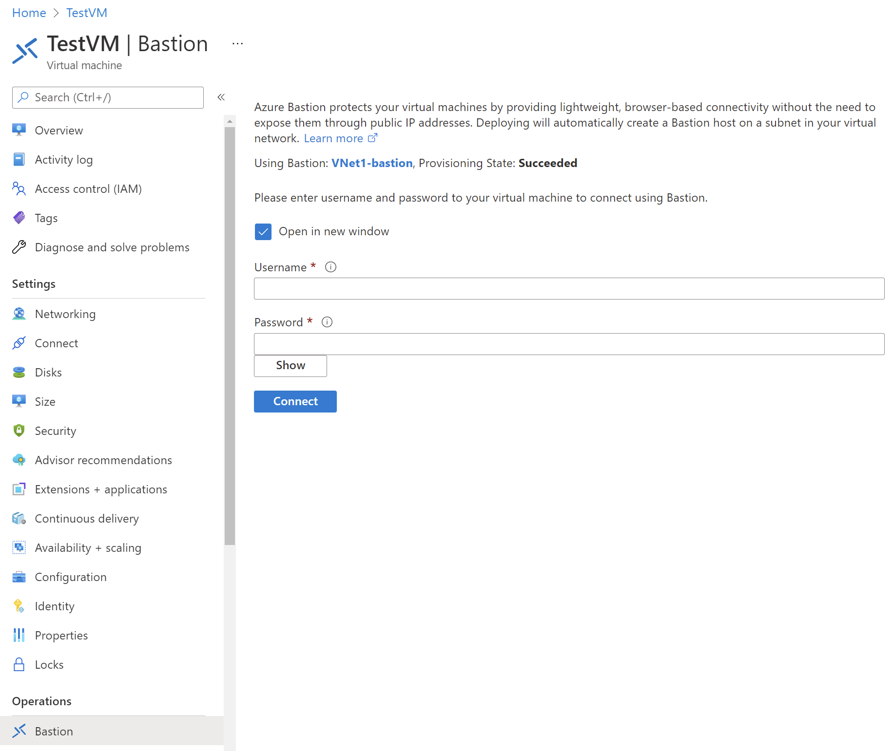 Screenshot of Azure Bastion connection settings.