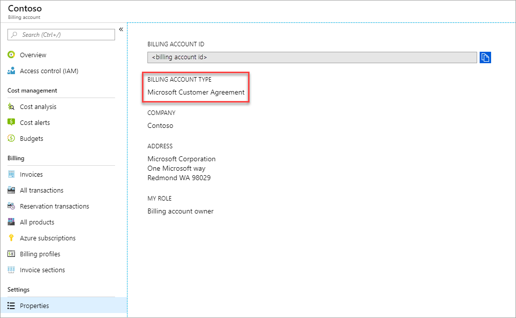 Microsoft Customer Agreement, Billing Account Type, Properties, Microsoft Azure portal