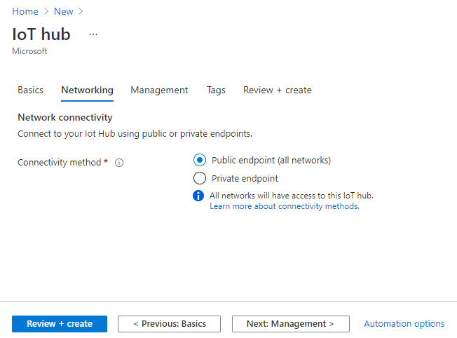 Screen capture that shows how to choose the endpoints that can connect to a new IoT hub.