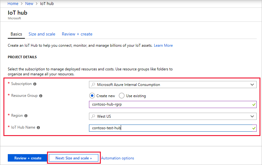 Screen capture that shows how to create an IoT hub in the Azure portal.