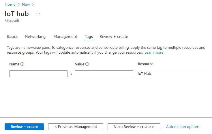 Screen capture that shows how to assign tags for a new IoT hub.