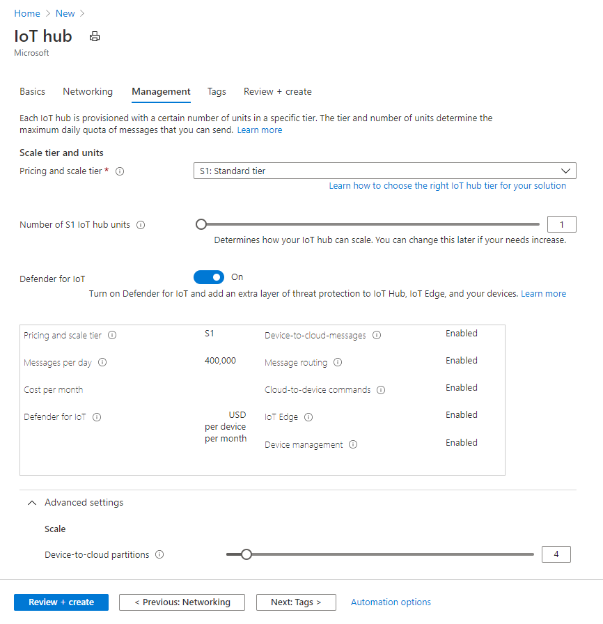 Screen capture that shows how to set the role-based access control and scale for a new IoT hub.