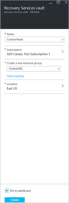 Screenshot of the Recovery Services vault creation options.