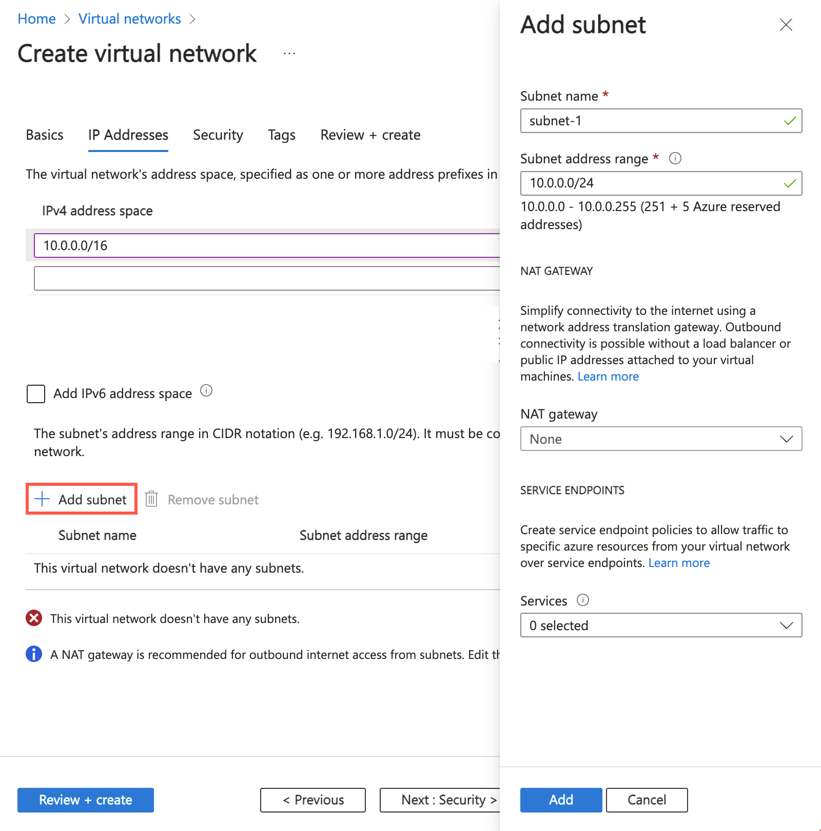 Screenshot of default subnet rename and configuration.